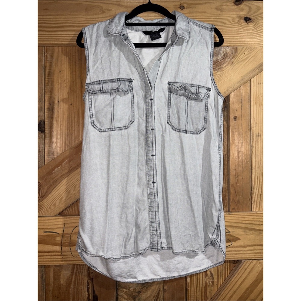 Calvin Klein Womens Gray Denim Top Small Sleeveless Relaxed Shirt Button-down